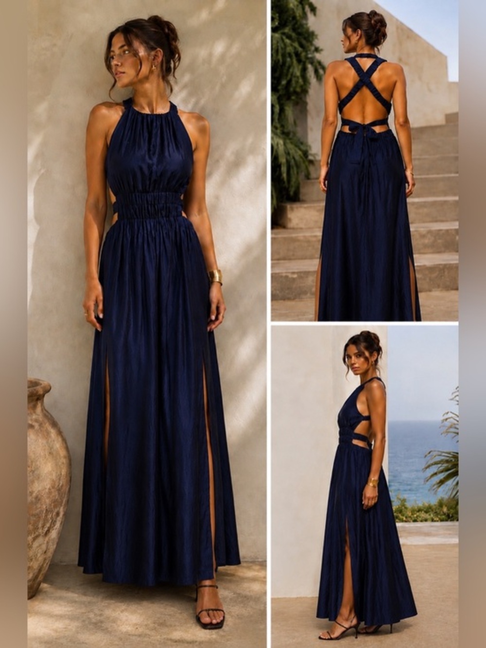 SIR.Navy Silk Blend Open Back Halter Maxi Dress Cutout Gown Sz1 US 4 Luxury Chic